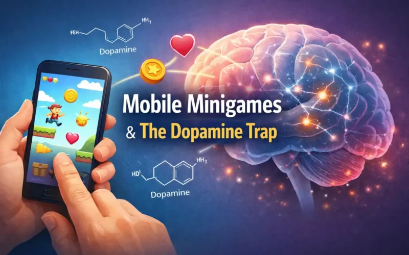 Mobile minigames triggering dopamine response in the brain, illustrating why casual phone games are so addictive