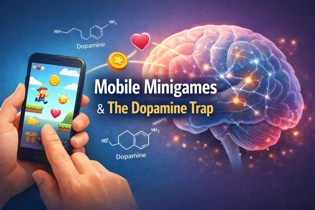 Mobile minigames triggering dopamine response in the brain, illustrating why casual phone games are so addictive